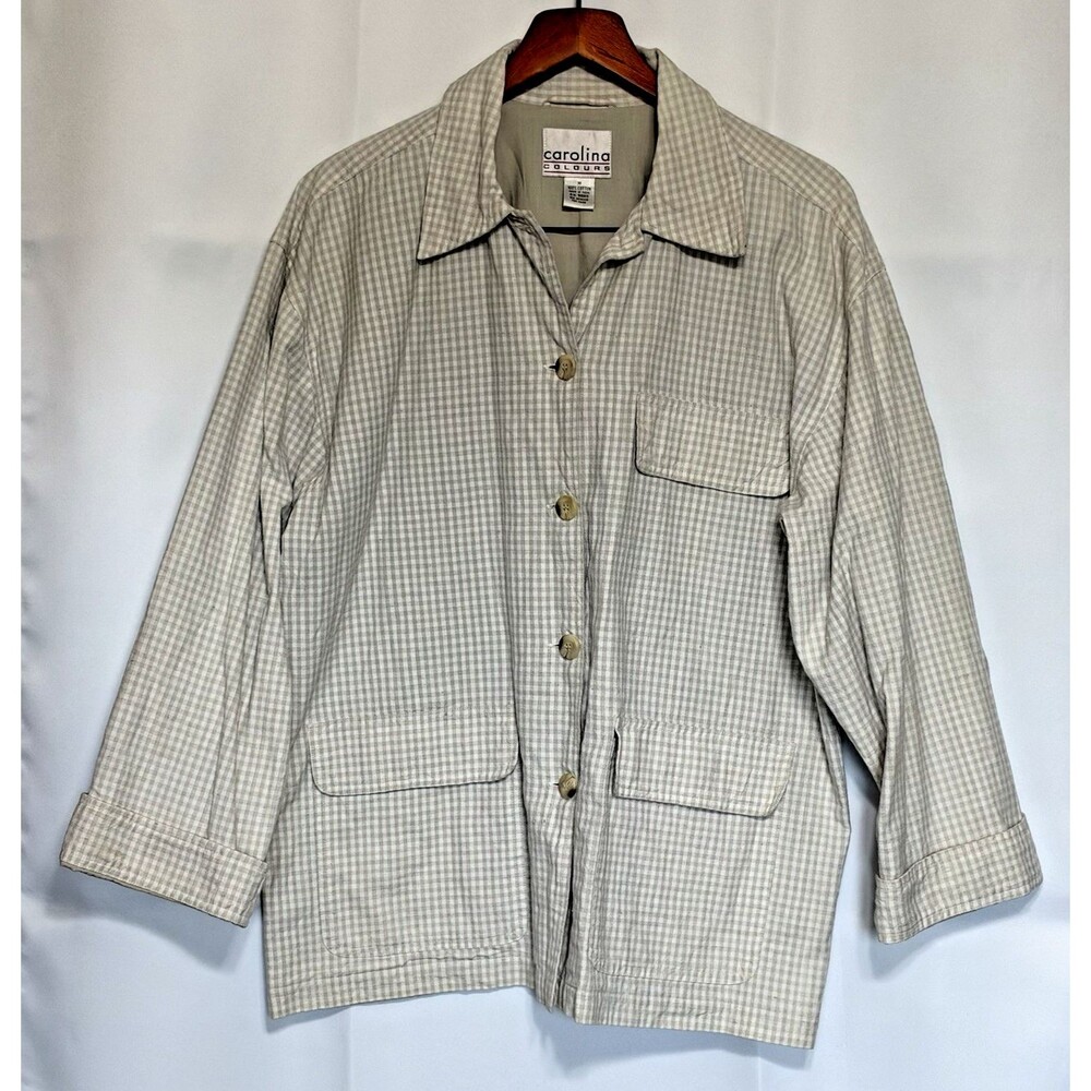 VTG Carolina Colours Chore Jacket Womens Tan Gingham Cotton Button Up Size M